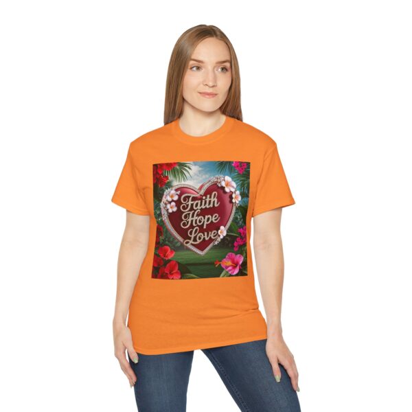 Our inspirational "Faith Hope Love" 'Solid Red Heart' Design! on a Christian Unisex Cotton T-Shirt, Faith Spiritual Apparel, Love Gift - Image 3