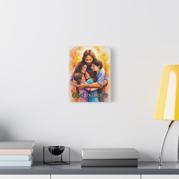 Inspirational Wall Art Canvas "God is Love" Jesus hugging a young family! Christian Home Decor Uplifting Religious Gift Faith-Based Artwork - Image 2