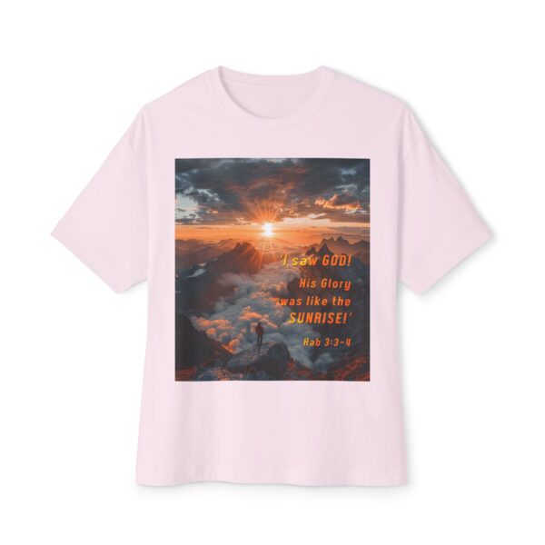 Boxy Oversized T-shirt with our inspirational "His splendor was like the sunrise" design with a quote from Habakkuk 3:3-4. Christian Faith Apparel Unisex Cotton Tee, Oversized Boxy Tshirt - Image 2