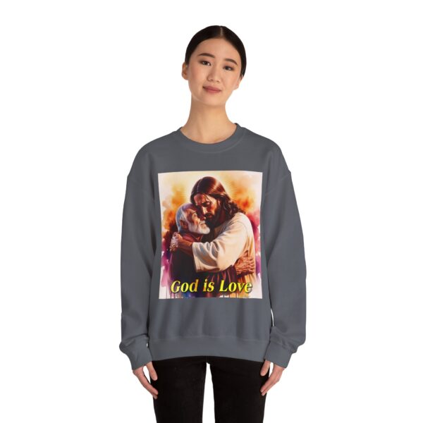 Crewneck Sweatshirt with our "God is Love" series with Jesus hugging papa! Inspirational Biblical Vintage Inspired Gift - Image 16