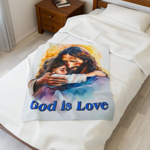 Our "God is Love" series with Jesus hugging a little girl! Inspirational Velveteen Plush Throw Blanket. Cozy Faith Home Decor Bedding - Image 4