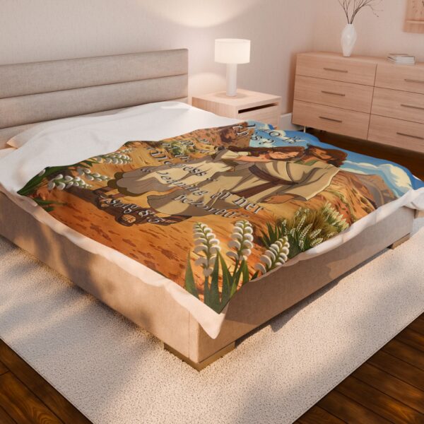 Our inspirational with our "Who is this?" from Song of Solomon 8:5 design in ANIME style! Velveteen Plush Throw Blanket Design! A Cozy Gift for Anniversary, Wedding Faith Home Decor Bedding - Image 4