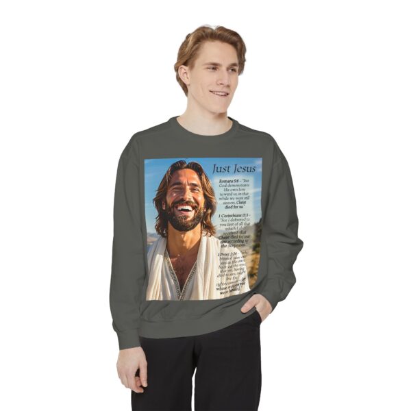 Sweatshirt Unisex with our inspirational "Just Jesus" and Verses on Salvation Design! Faith Apparel Gospel Fashion Jumper, Pullover - Image 19