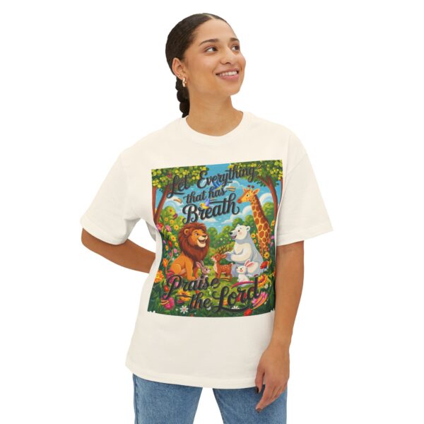 Our inspirational "Let Everything that has Breath Praise the Lord!" Design on a Unisex Oversized Box Tshirt, Religious Graphic Top, Bible Verse Apparel - Image 8