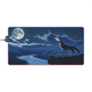 RGB LED Backlit Desk Mat, Colorful Gaming Mouse Pad with Inspirational 'Wolf Moon' Design, Gamer Home Office Computer Decor