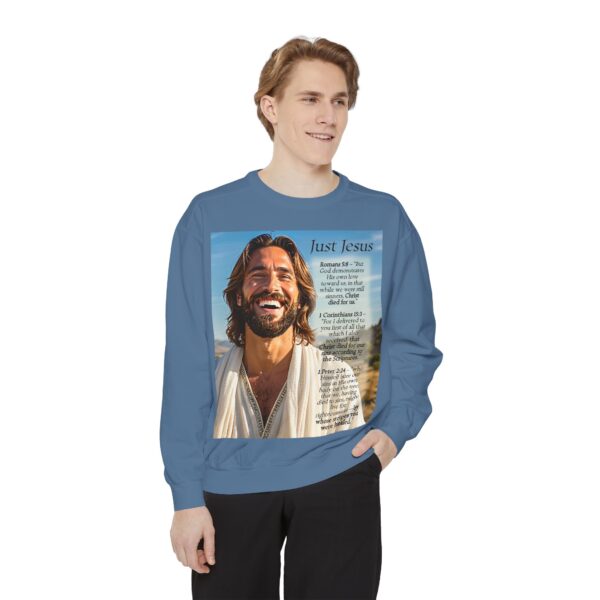 Sweatshirt Unisex with our inspirational "Just Jesus" and Verses on Salvation Design! Faith Apparel Gospel Fashion Jumper, Pullover - Image 3