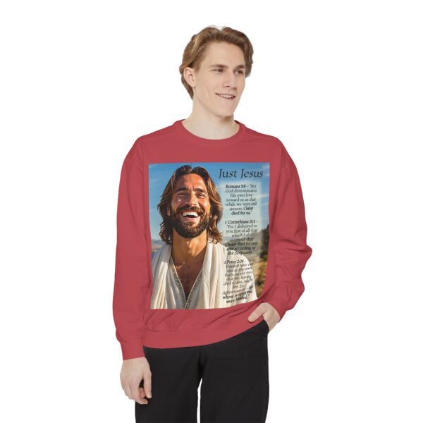 Sweatshirt Unisex with our inspirational "Just Jesus" and Verses on Salvation Design! Faith Apparel Gospel Fashion Jumper, Pullover - Image 9