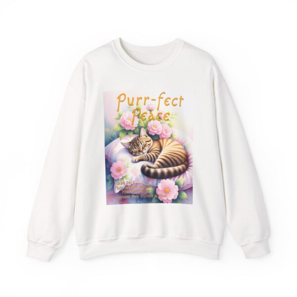Crewneck Sweatshirt with our "Purr-fect Peace" with a cat in blissful sleep design featuring the verse Isaiah 26:3! Inspirational Biblical, Vintage Inspired, Gift - Image 6
