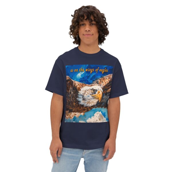 Our "as on the wings of eagles" Boxy T-Shirt with a majestic eagle in flight, Isaiah 40:31, Inspirational Christian Faith Apparel Unisex Cotton Tee, Oversized Boxy Top T-shirt - Image 11