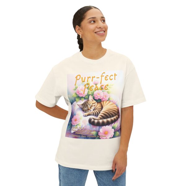 Our "Purr-fect Peace" Boxy T-Shirt with a cat in blissful sleep featuring the verse Isaiah 26:3! Inspirational Christian Faith Apparel Unisex Cotton Tee, Oversized Boxy Top T-shirt - Image 5