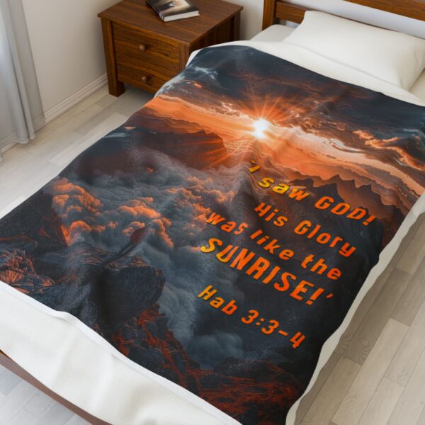 Our "God's Radiance was like the Sunrise" inspirational design with Hab 3:3-4, Velveteen Plush Throw Blanket. A Cozy Gift or Faith Home Decor Bedding - Image 7