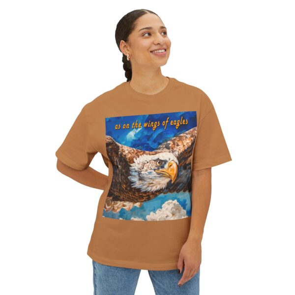 Our "as on the wings of eagles" Boxy T-Shirt with a majestic eagle in flight, Isaiah 40:31, Inspirational Christian Faith Apparel Unisex Cotton Tee, Oversized Boxy Top T-shirt - Image 7