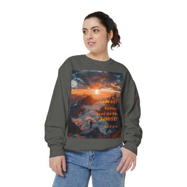 Sweatshirt Unisex our inspirational "His splendor was like the sunrise" design with a quote from Habakkuk 3:3-4! Faith Apparel Gospel Fashion Jumper, Pullover - Image 18