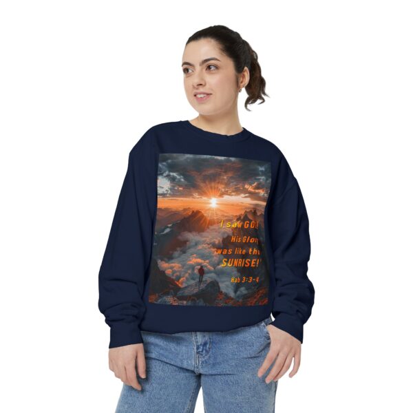 Sweatshirt Unisex our inspirational "His splendor was like the sunrise" design with a quote from Habakkuk 3:3-4! Faith Apparel Gospel Fashion Jumper, Pullover - Image 37