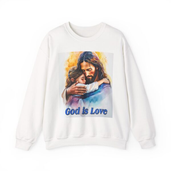 Crewneck Sweatshirt with our "God is Love" series with Jesus hugging a young girl! Inspirational Biblical Vintage Inspired Gift - Image 4
