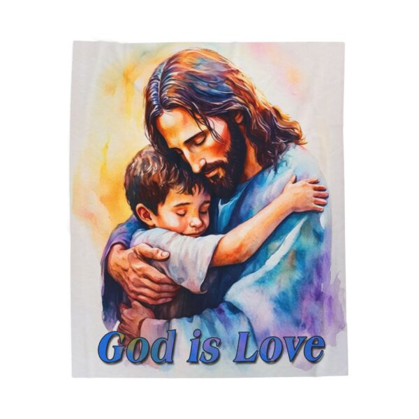 Our "God is Love" series with Jesus hugging a little boy! Inspirational Velveteen Plush Throw Blanket. Cozy Faith Home Decor Bedding - Image 3