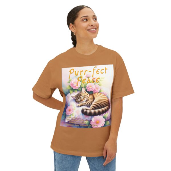 Our "Purr-fect Peace" Boxy T-Shirt with a cat in blissful sleep featuring the verse Isaiah 26:3! Inspirational Christian Faith Apparel Unisex Cotton Tee, Oversized Boxy Top T-shirt - Image 7