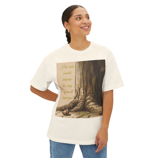 Our inspirational 'Day of Small Beginnings' with thoughtful quote from Zech 4:10 and Acorn-Oak Tree design Boxy T-Shirt, Inspirational Christian Faith Apparel Unisex Cotton Tee, Oversized Boxy Tshirt - Image 5