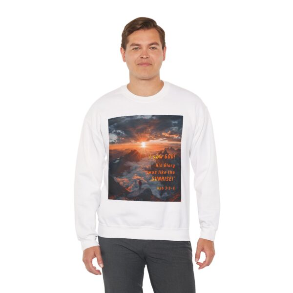Crewneck Sweatshirt-with our inspirational "His splendor was like the sunrise" design with a quote from Habakkuk 3:3-4!Vintage Inspired Faith Apparel, Gospel Fashion Unisex Heavy - Image 3
