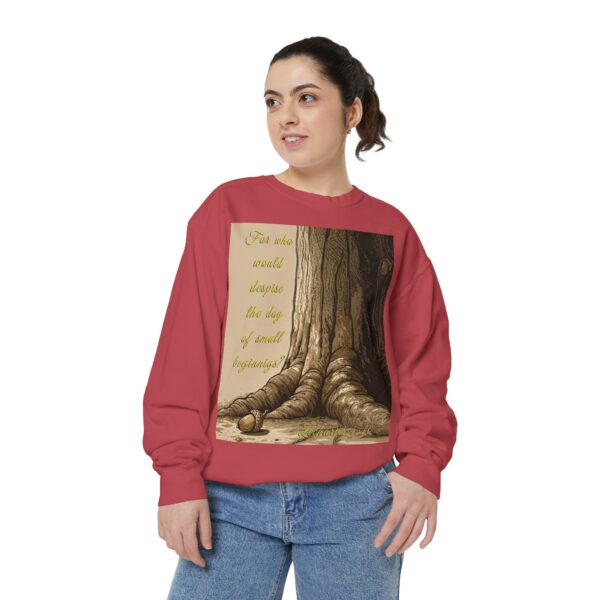 Sweatshirt Unisex with our Inspirational "Day of Small Beginnings" with thoughtful quote from Zech 4:10 and Acorn-Oak Tree design! Faith Apparel Gospel Fashion Jumper, Pullover - Image 4