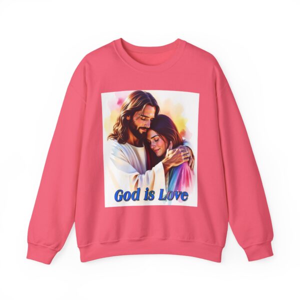 Crewneck Sweatshirt with our "God is Love" series with Jesus hugging a young lady! Inspirational Biblical, Vintage Inspired Gift - Image 2