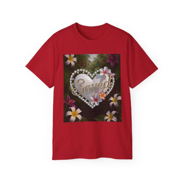 Our inspirational "Saved" 'Pure White Heart' Design! on a Christian Unisex Cotton T-Shirt, Faith Spiritual Apparel, Love Gift - Image 4
