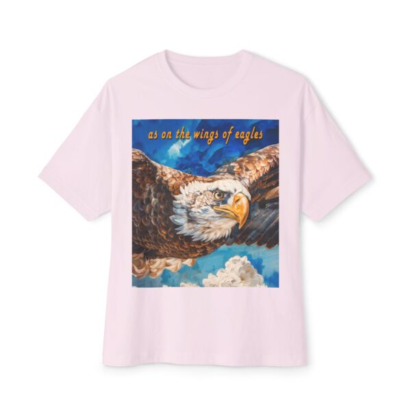 Our "as on the wings of eagles" Boxy T-Shirt with a majestic eagle in flight, Isaiah 40:31, Inspirational Christian Faith Apparel Unisex Cotton Tee, Oversized Boxy Top T-shirt - Image 2