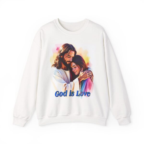 Crewneck Sweatshirt with our "God is Love" series with Jesus hugging a young lady! Inspirational Biblical, Vintage Inspired Gift - Image 4