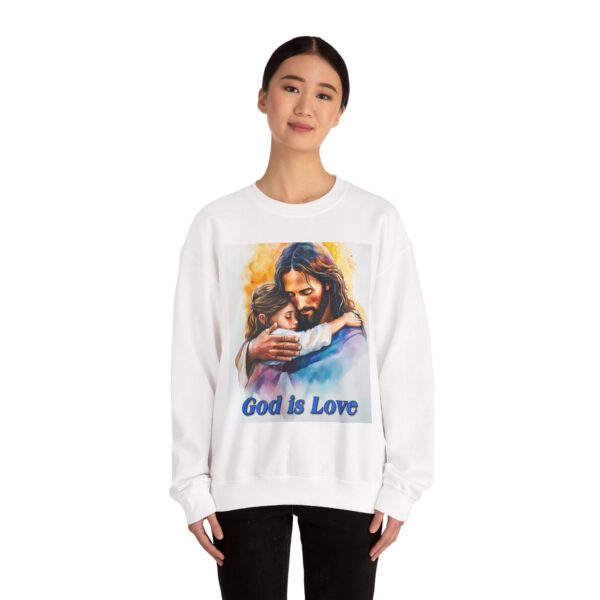 Crewneck Sweatshirt with our "God is Love" series with Jesus hugging a young girl! Inspirational Biblical Vintage Inspired Gift - Image 6