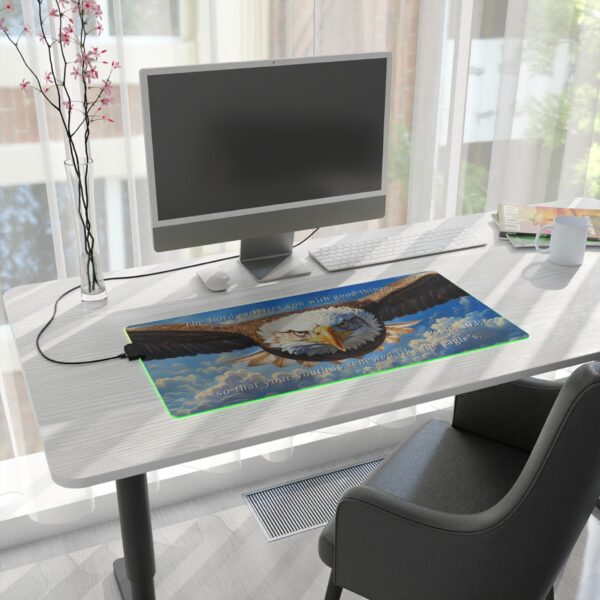 RGB LED Gaming Mouse Pad Desk Mat with our inspirational 'Soaring Eagle' and Psalm 103:5 'your youth is renewed like the eagles' design. Gamer Home Office Decor, LED Backlit - Image 6