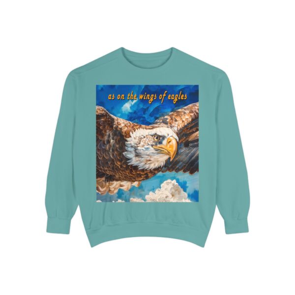 Our "as on the wings of eagles" Sweatshirt with a majestic eagle in flight. Vintage Christian Faith Apparel, Thoughtful Quote from Isaiah 40:31! Unisex Jumper, Pullover - Image 13