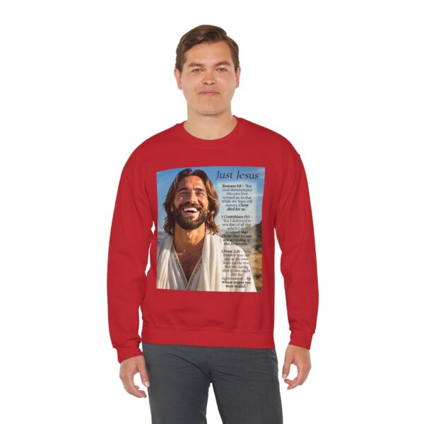 Crewneck Sweatshirt with our inspirational "Just Jesus" and Verses on Salvation Design! Vintage Inspired Faith Apparel, Gospel Fashion Unisex Heavy - Image 22