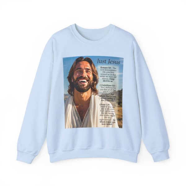 Crewneck Sweatshirt with our inspirational "Just Jesus" and Verses on Salvation Design! Vintage Inspired Faith Apparel, Gospel Fashion Unisex Heavy - Image 4