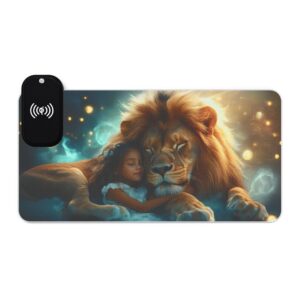 LED + wireless Charging Mouse Pad, Desk Mat, "Lucy and Lion" Design, Tech Gift, Home Office Essentials Inspirational