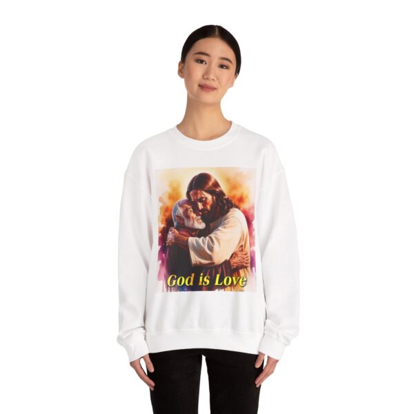 Crewneck Sweatshirt with our "God is Love" series with Jesus hugging papa! Inspirational Biblical Vintage Inspired Gift - Image 4