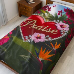 Our "Praise" 'Solid Red Heart' Inspirational Velveteen Plush Throw Blanket A Cozy Gift for Anniversary, Wedding Faith Home Decor Bedding
