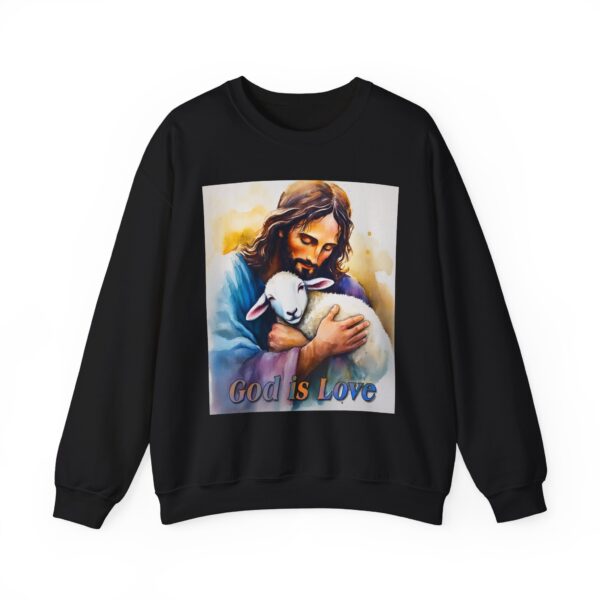 Crewneck Sweatshirt with our "God is Love" series with Jesus hugging a baby lamb! Inspirational Biblical, Vintage Inspired Heavy Sweatshirt, Gift - Image 3