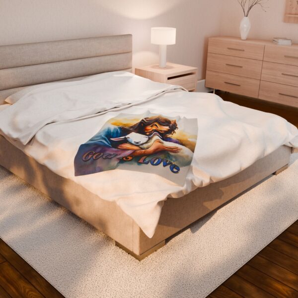 Our "God is Love" series Throw Blanket with an image of Jesus hugging a Baby Lamb! Inspirational Velveteen Plush Throw Blanket, Cozy Gift, Faith Home Decor Bedding - Image 12