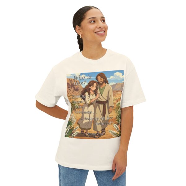 Our inspirational "Who is this?" from Song of Solomon 8:5, ANIME style design Boxy T-Shirt, Inspirational Christian Faith Apparel Unisex Cotton Tee, Oversized Boxy Top T-shirt - Image 5