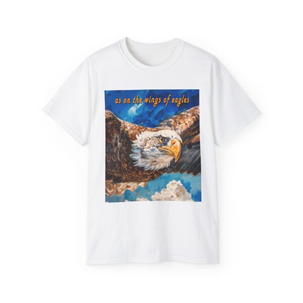 Our "as on the wings of eagles" Cotton T-Shirt with a majestic eagle in flight. Vintage Christian Faith Apparel Unisex Cotton T-Shirt, Thoughtful Quote from Isaiah 40:31! - Image 6