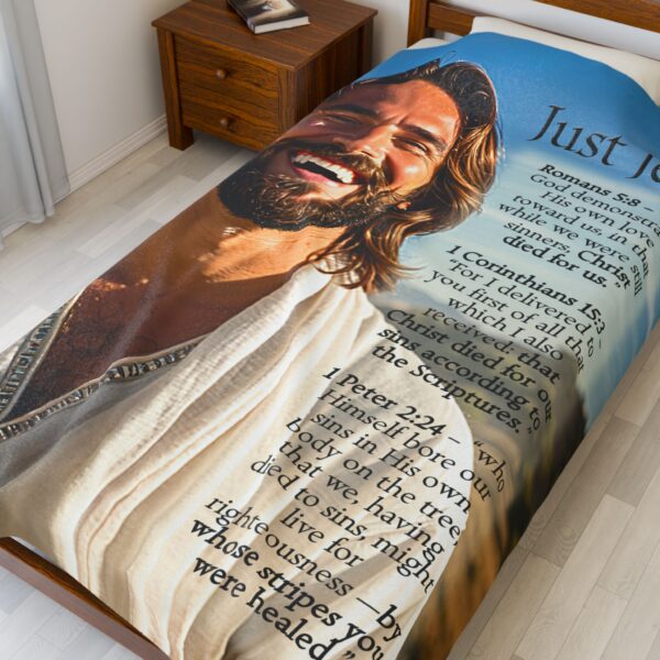 Our "Just Jesus" and Verses on Salvation Design Velveteen Plush Throw Blanket A Cozy Gift for Anniversary, Wedding Faith Home Decor Bedding