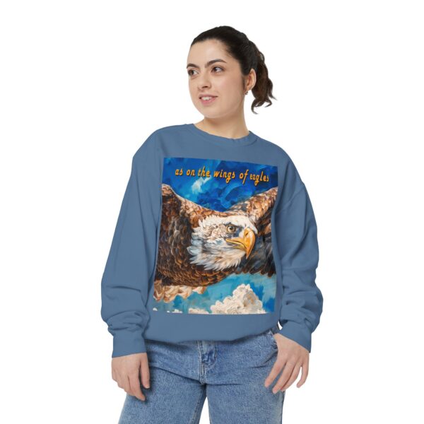Our "as on the wings of eagles" Sweatshirt with a majestic eagle in flight. Vintage Christian Faith Apparel, Thoughtful Quote from Isaiah 40:31! Unisex Jumper, Pullover - Image 24