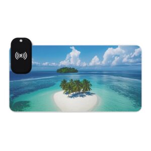 LED + wireless Charging Mouse Pad, Desk Mat, "Little Island" Design, Tech Gift, Home Office Essentials Inspirational