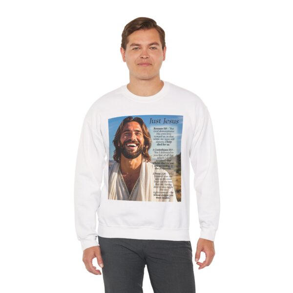 Crewneck Sweatshirt with our inspirational "Just Jesus" and Verses on Salvation Design! Vintage Inspired Faith Apparel, Gospel Fashion Unisex Heavy - Image 5