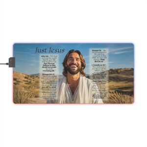 RGB LED Gaming Mouse Pad, Colorful Desk Mat with our "Just Jesus" and Verses on Salvation Design, Gamer Home Office Decor, Computer Accessories, LED Backlit