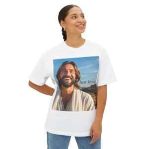 Our inspirational "Just Jesus" Design!! on a Unisex Oversized Box Tshirt, Religious Graphic Top, Bible Verse Apparel