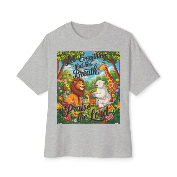 Our inspirational "Let Everything that has Breath Praise the Lord!" Design on a Unisex Oversized Box Tshirt, Religious Graphic Top, Bible Verse Apparel - Image 15