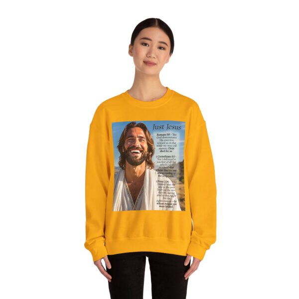 Crewneck Sweatshirt with our inspirational "Just Jesus" and Verses on Salvation Design! Vintage Inspired Faith Apparel, Gospel Fashion Unisex Heavy - Image 14