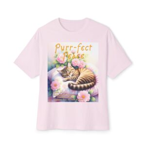 Our "Purr-fect Peace" Boxy T-Shirt with a cat in blissful sleep featuring the verse Isaiah 26:3! Inspirational Christian Faith Apparel Unisex Cotton Tee, Oversized Boxy Top T-shirt