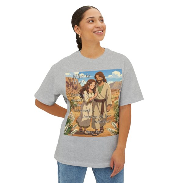 Our inspirational "Who is this?" from Song of Solomon 8:5, ANIME style design Boxy T-Shirt, Inspirational Christian Faith Apparel Unisex Cotton Tee, Oversized Boxy Top T-shirt - Image 10